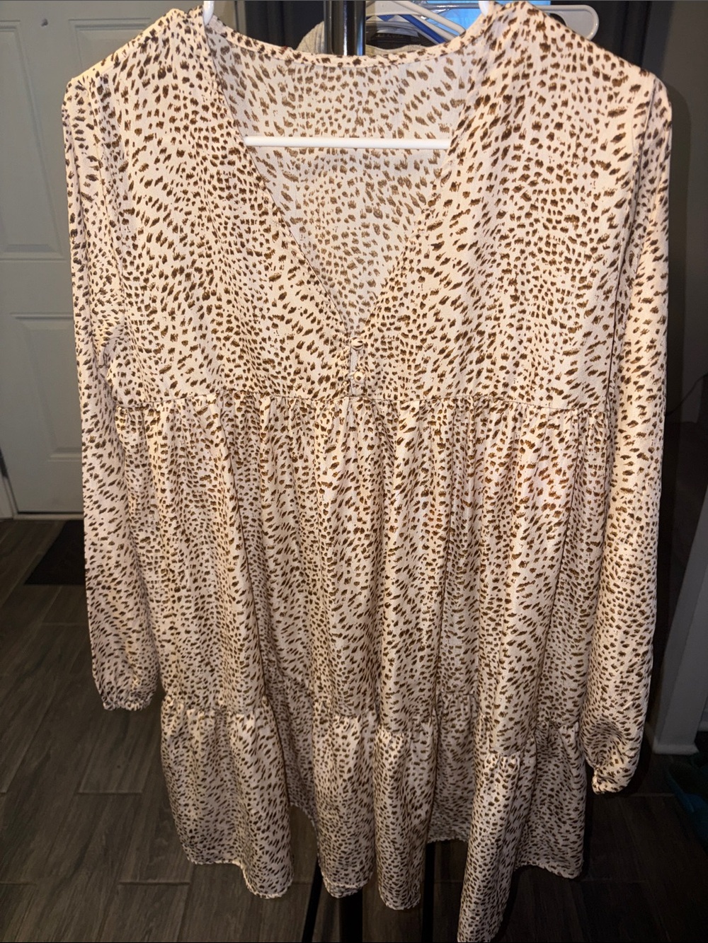 Cream and Brown Dotted V-Neck Tiered Dress Medium